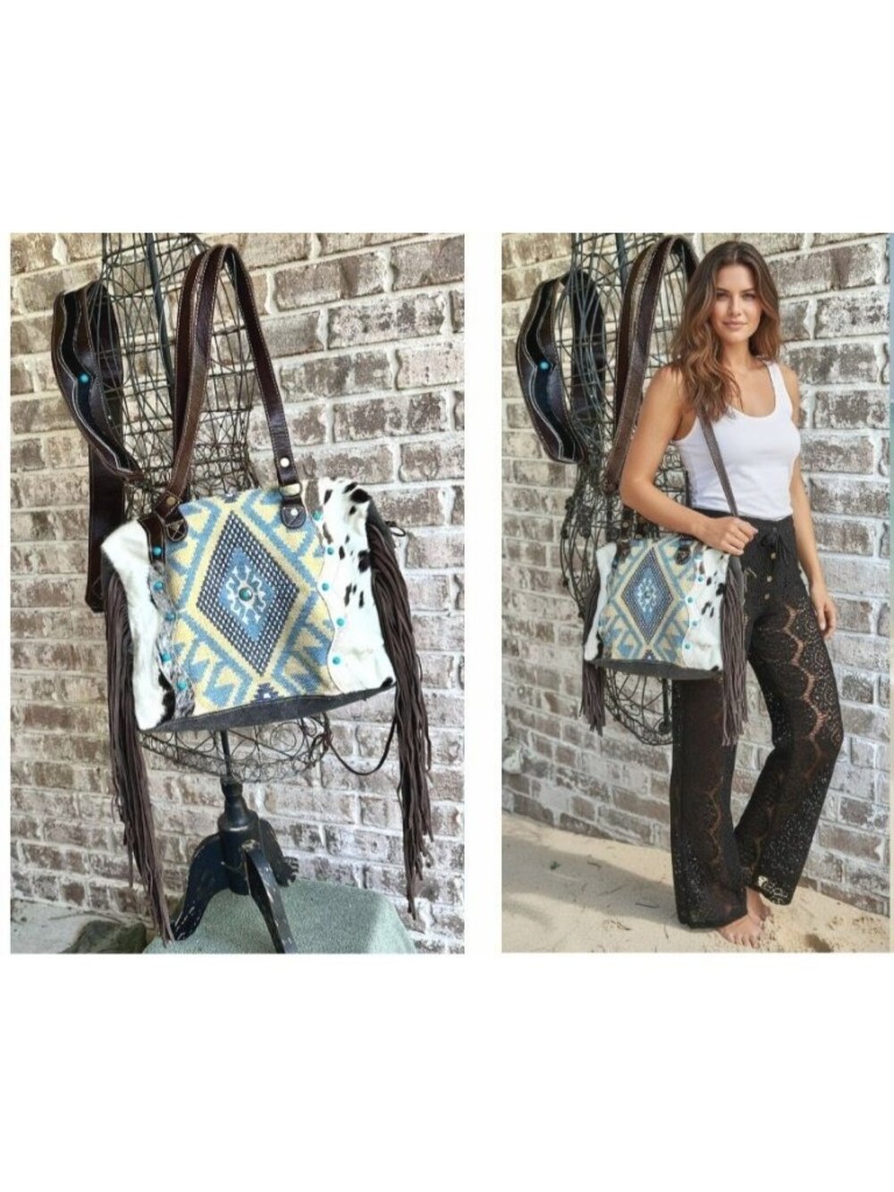 Myra Bag Crashing Waves Crossbody Tote Saddle Blanket Purse Leather Fringe NWOT
